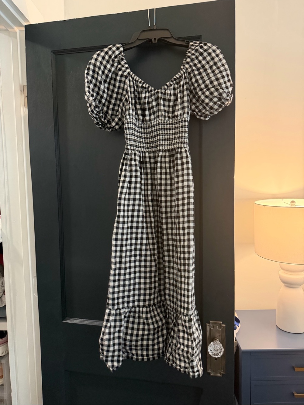 J. Crew Black and White Gingham Midi Dress with Puff Sleeves